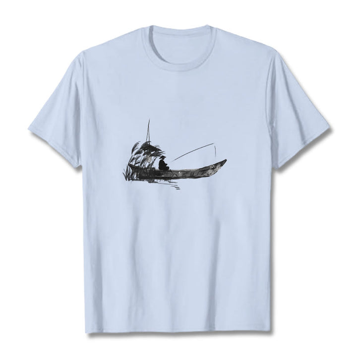 T-Shirt mit Buddha Stones, Boot, Angeln, Gras-Muster, Baumwolle - Hellcyan - 2XL - image 15