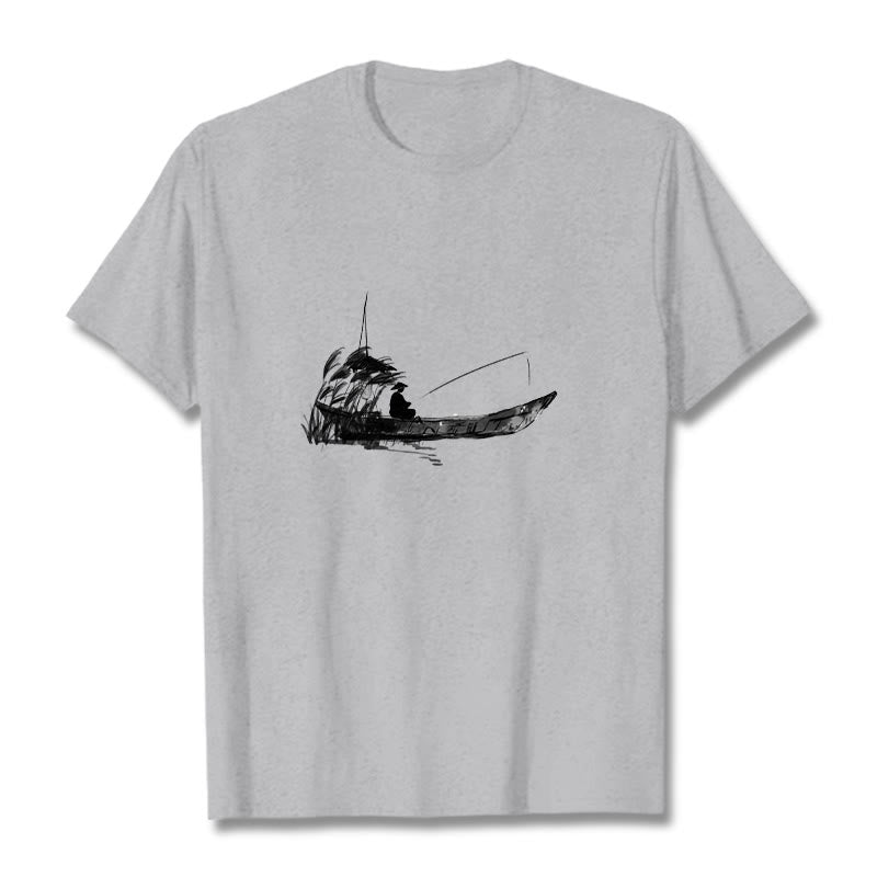 T-Shirt mit Buddha Stones, Boot, Angeln, Gras-Muster, Baumwolle - Hellgrau - 2XL - image 0