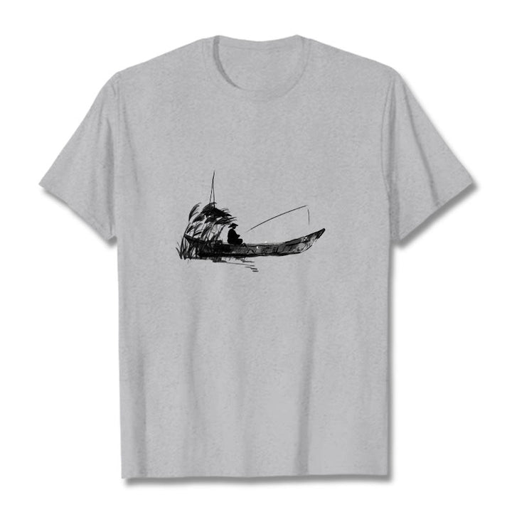 T-Shirt mit Buddha Stones, Boot, Angeln, Gras-Muster, Baumwolle - Hellgrau - 2XL - image 0