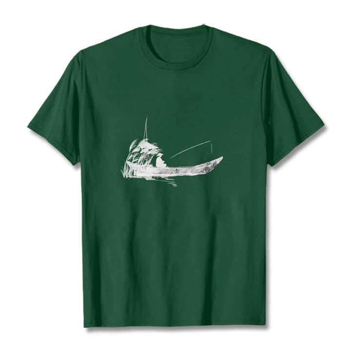T-Shirt mit Buddha Stones, Boot, Angeln, Gras-Muster, Baumwolle - Waldgrün - 2XL - image 2