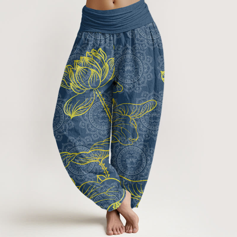 Haremshose mit Buddha Stones, goldenem Lotus-Mandala-Muster, elastische Taille für Damen