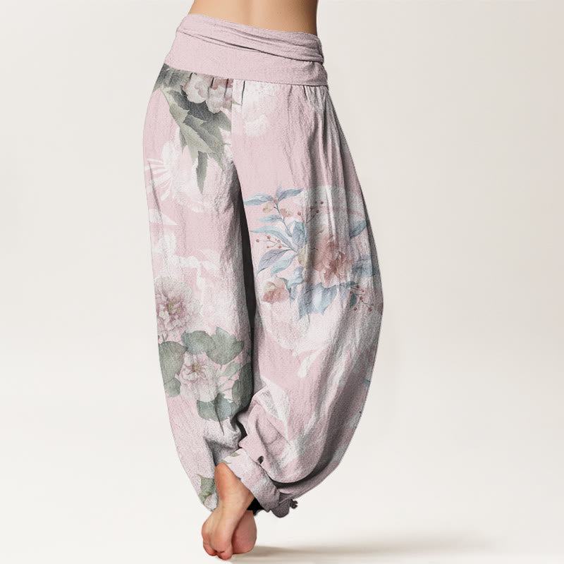 Buddha Stones, Blumen, weiße Blätter, Haremshose für Damen mit elastischer Taille