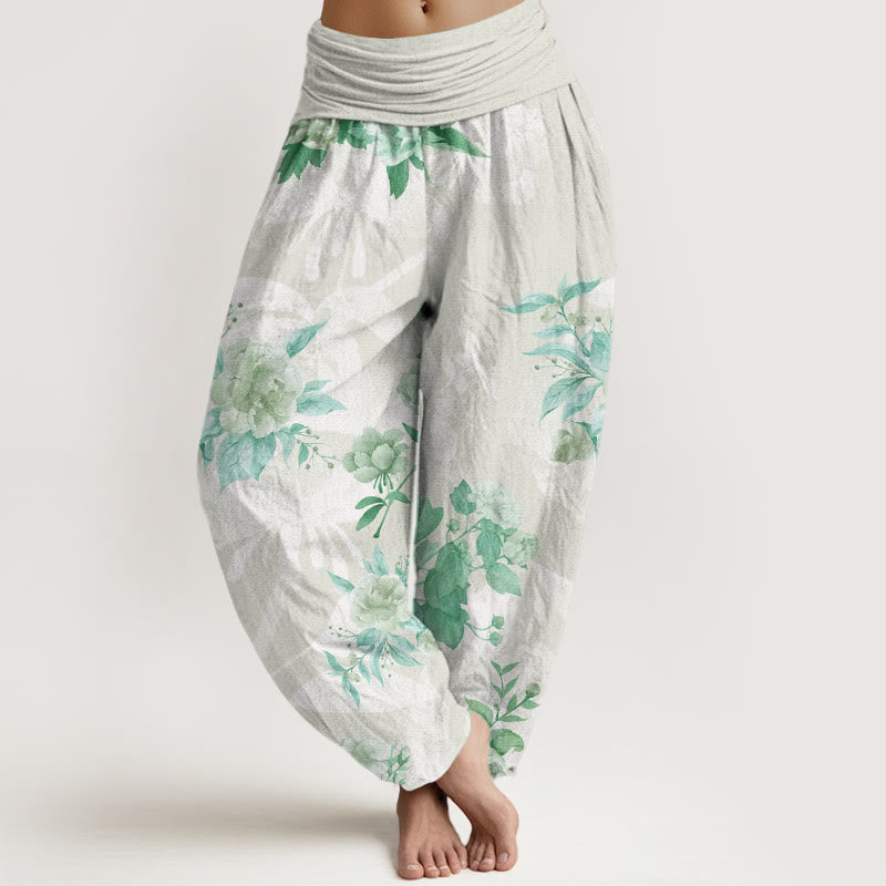 Buddha Stones, Blumen, weiße Blätter, Haremshose für Damen mit elastischer Taille