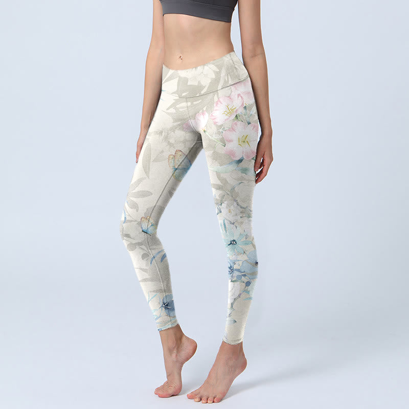 Buddha Stones Kirschblüten Schmetterlinge Print Gym Leggings Damen Yogahose - Beige - US18， UK/AU22，EU50 (4XL) - image 1