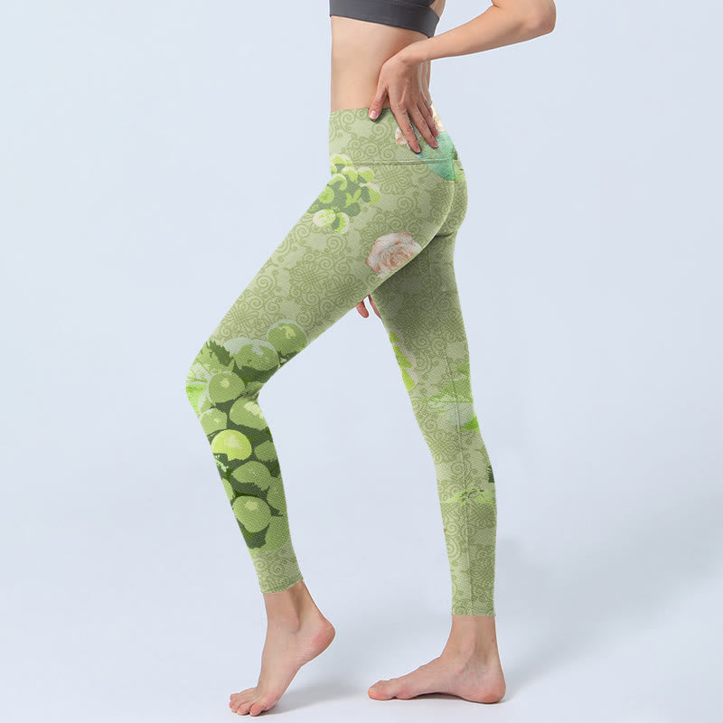 Buddha Stones ​​Grüne Trauben Rosa Rosen Gym Leggings Damen Yoga Hose - image 3