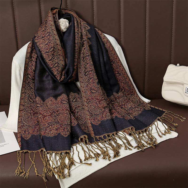 Buddha Stones , tibetischer Cashew-Jacquard, bunter Blumendruck, Quasten, Schal für Herbst und Winter, weicher, warmer Schal - Schwarz 190 x 70 cm - image 5