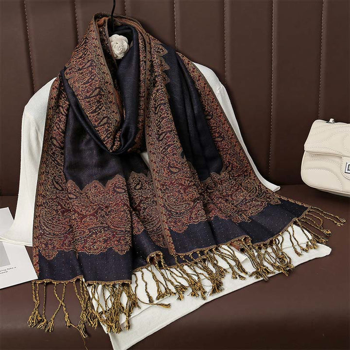 Buddha Stones , tibetischer Cashew-Jacquard, bunter Blumendruck, Quasten, Schal für Herbst und Winter, weicher, warmer Schal - Schwarz 190 x 70 cm - image 5