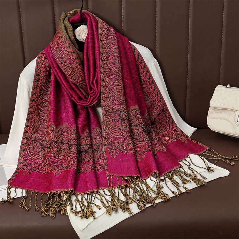 Buddha Stones , tibetischer Cashew-Jacquard, bunter Blumendruck, Quasten, Schal für Herbst und Winter, weicher, warmer Schal - Tiefrosa 190 x 70 cm - image 6