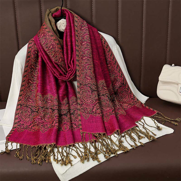 Buddha Stones , tibetischer Cashew-Jacquard, bunter Blumendruck, Quasten, Schal für Herbst und Winter, weicher, warmer Schal - Tiefrosa 190 x 70 cm - image 6
