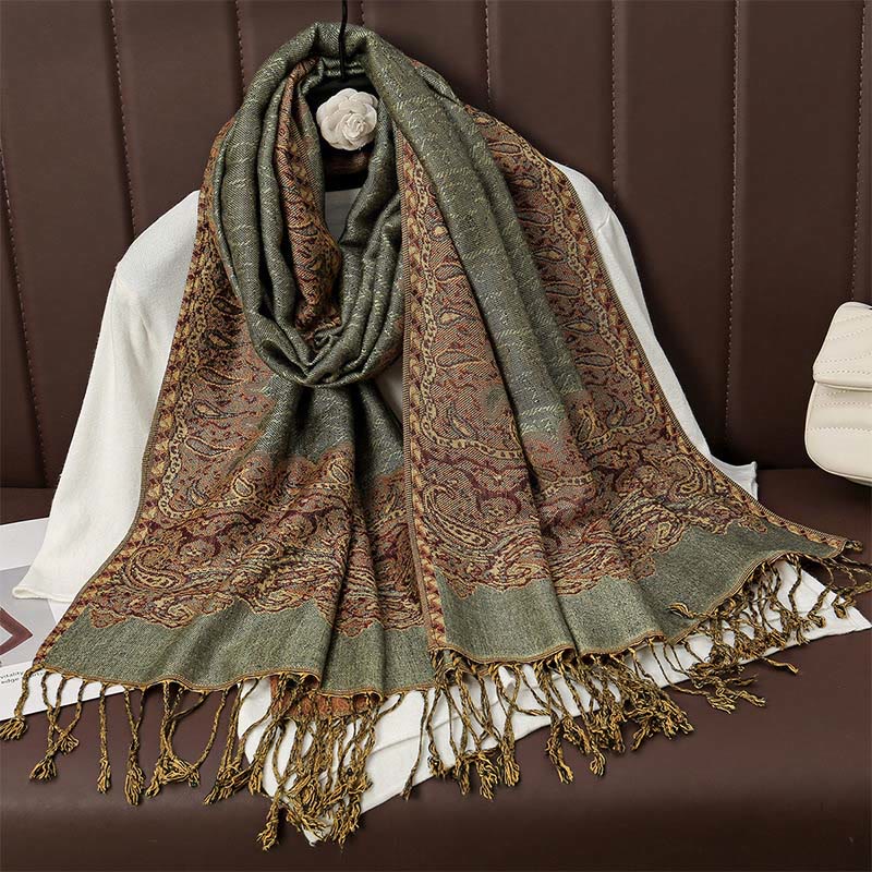 Buddha Stones , tibetischer Cashew-Jacquard, bunter Blumendruck, Quasten, Schal für Herbst und Winter, weicher, warmer Schal - Hellgrün 190 x 70 cm - image 7
