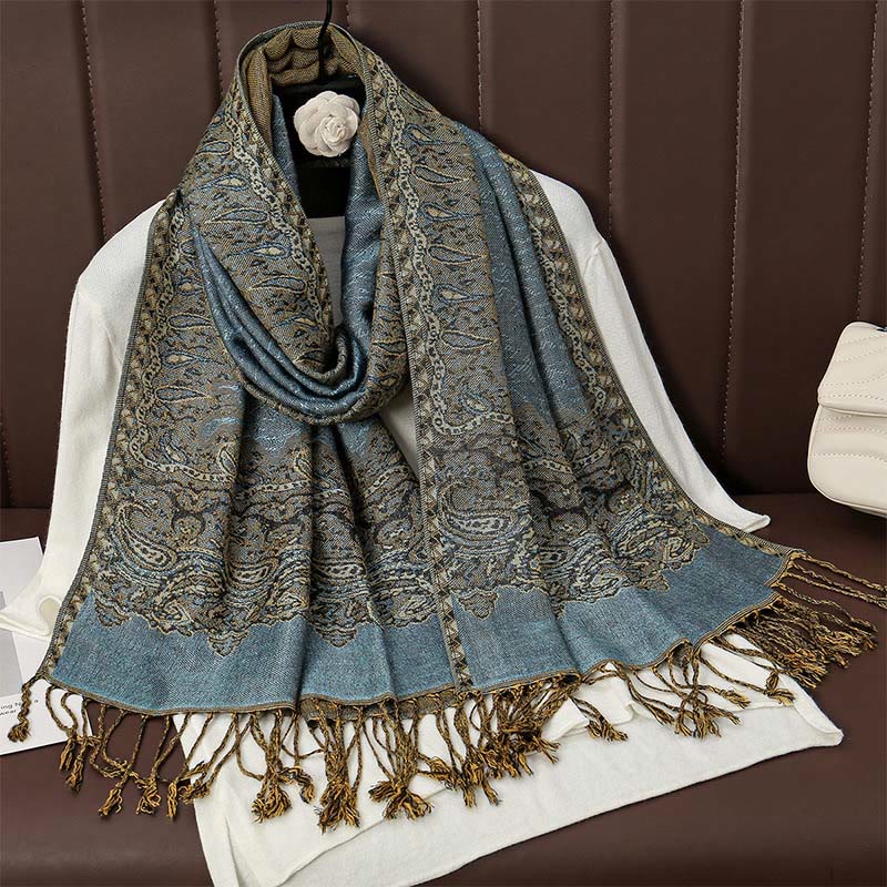Buddha Stones , tibetischer Cashew-Jacquard, bunter Blumendruck, Quasten, Schal für Herbst und Winter, weicher, warmer Schal - SteelBlue 190*70cm - image 8