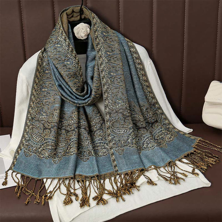 Buddha Stones , tibetischer Cashew-Jacquard, bunter Blumendruck, Quasten, Schal für Herbst und Winter, weicher, warmer Schal - SteelBlue 190*70cm - image 8