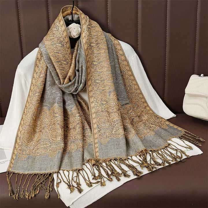 Buddha Stones , tibetischer Cashew-Jacquard, bunter Blumendruck, Quasten, Schal für Herbst und Winter, weicher, warmer Schal - Gold 190*70cm - image 9