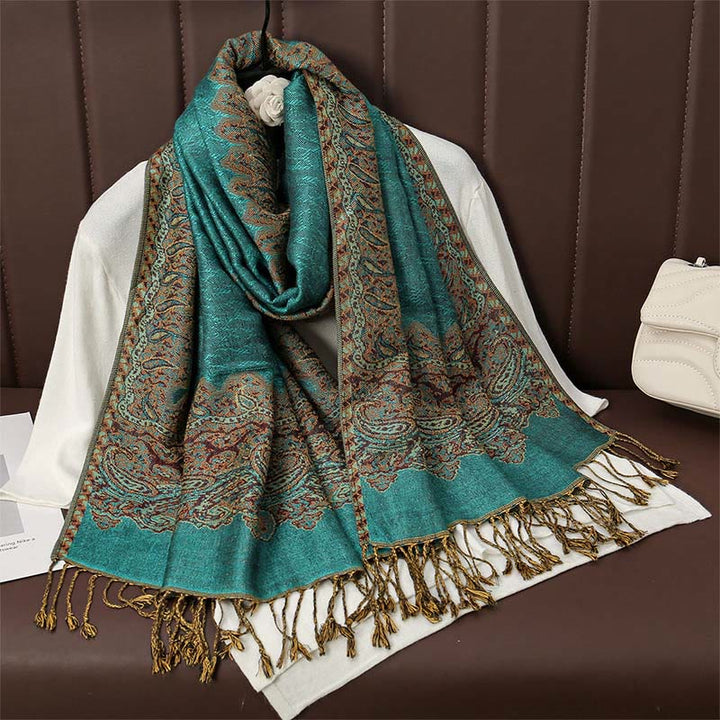 Buddha Stones , tibetischer Cashew-Jacquard, bunter Blumendruck, Quasten, Schal für Herbst und Winter, weicher, warmer Schal - Dunkelcyan 190 x 70 cm - image 10