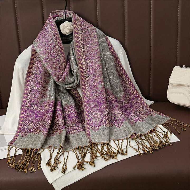 Buddha Stones , tibetischer Cashew-Jacquard, bunter Blumendruck, Quasten, Schal für Herbst und Winter, weicher, warmer Schal - Orchidee 190 x 70 cm - image 11