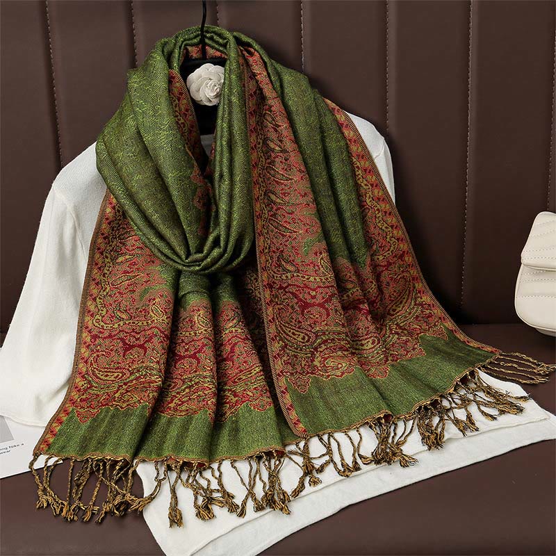 Buddha Stones , tibetischer Cashew-Jacquard, bunter Blumendruck, Quasten, Schal für Herbst und Winter, weicher, warmer Schal - Limettengrün 190 x 70 cm - image 12