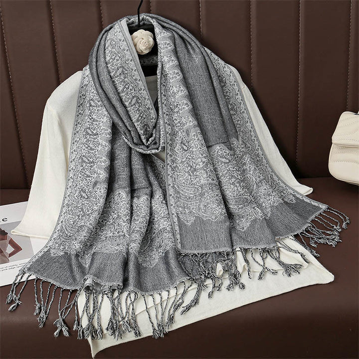 Buddha Stones , tibetischer Cashew-Jacquard, bunter Blumendruck, Quasten, Schal für Herbst und Winter, weicher, warmer Schal - Hellgrau 190*70cm - image 14