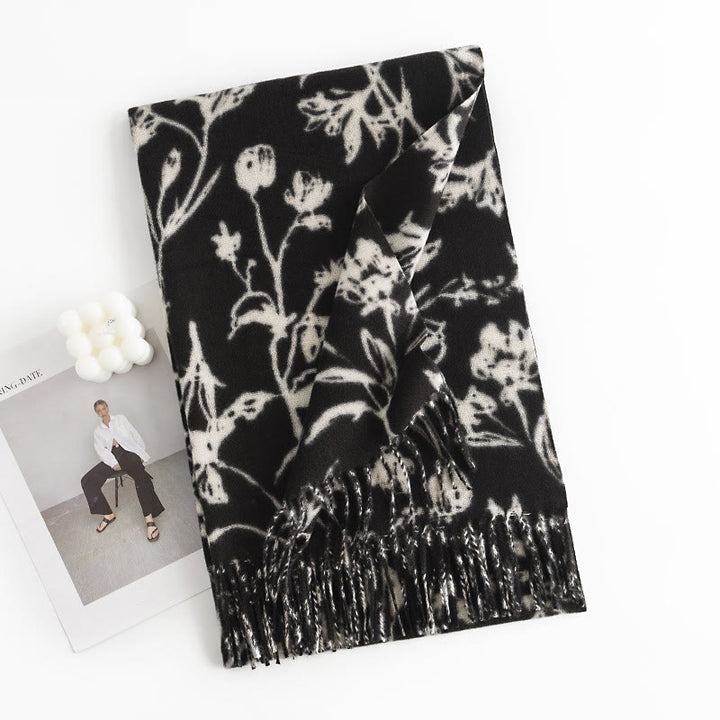 Tibetischer Schal mit Buddha Stones, blühende Blumenzweige, Druck, Quasten, Herbst/Winter, gemütlicher warmer Schal - Schwarze, nach oben gerichtete Blume, 180 x 65 cm - image 3