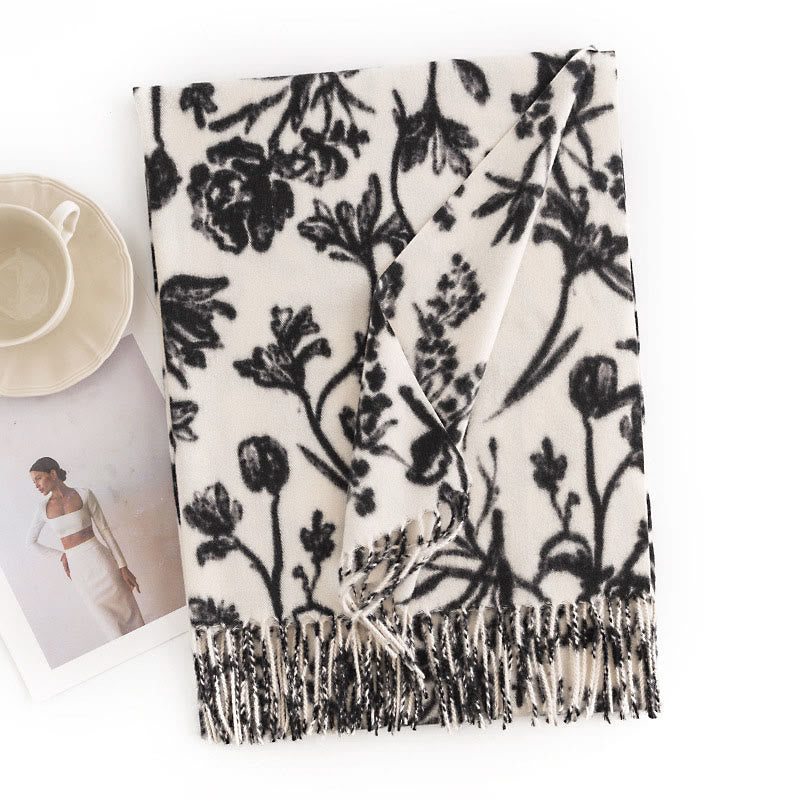 Tibetischer Schal mit Buddha Stones, blühende Blumenzweige, Druck, Quasten, Herbst/Winter, gemütlicher warmer Schal - Weiß 180 x 65 cm - image 4