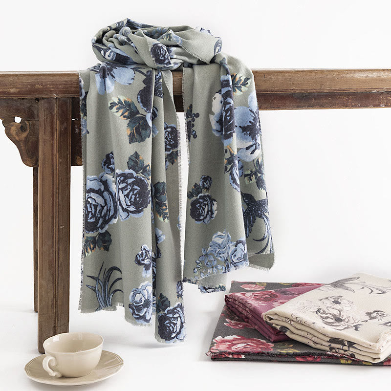 Buddha Stones, tibetischer Schal, Garten-Stil, Rosen-Blumendruck, Herbst/Winter, weicher, warmer Schal - Hellgrün 180 x 65 cm - image 0