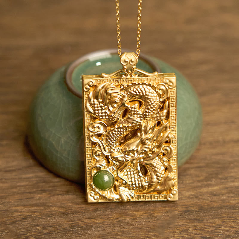 Buddha Stones ​​Drache vergoldet Kupfer Hetian Jade Stärke Halskette Anhänger - image 3