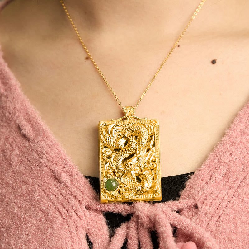 Buddha Stones ​​Drache vergoldet Kupfer Hetian Jade Stärke Halskette Anhänger - image 4