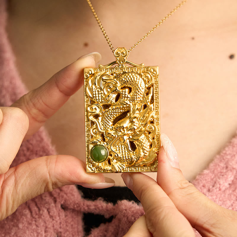Buddha Stones ​​Drache vergoldet Kupfer Hetian Jade Stärke Halskette Anhänger - image 7