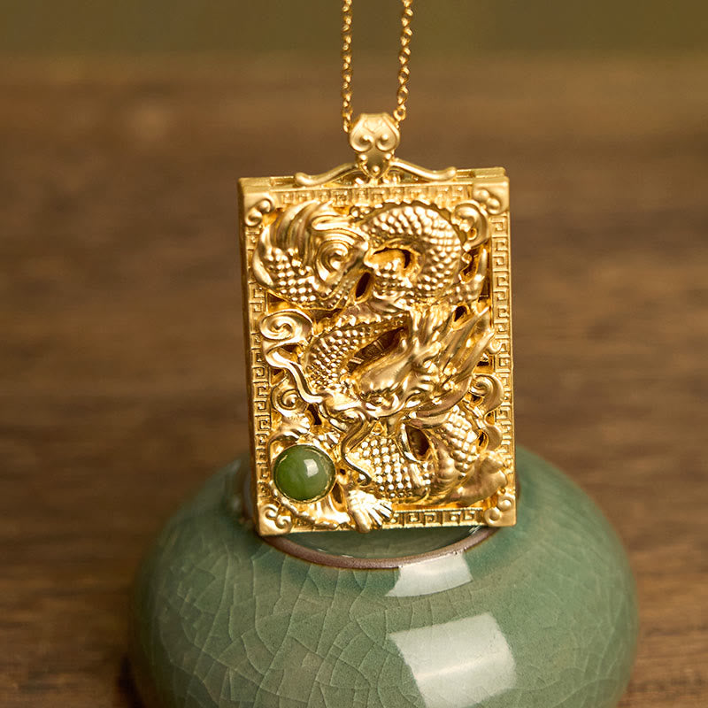 Buddha Stones ​​Drache vergoldet Kupfer Hetian Jade Stärke Halskette Anhänger - image 2