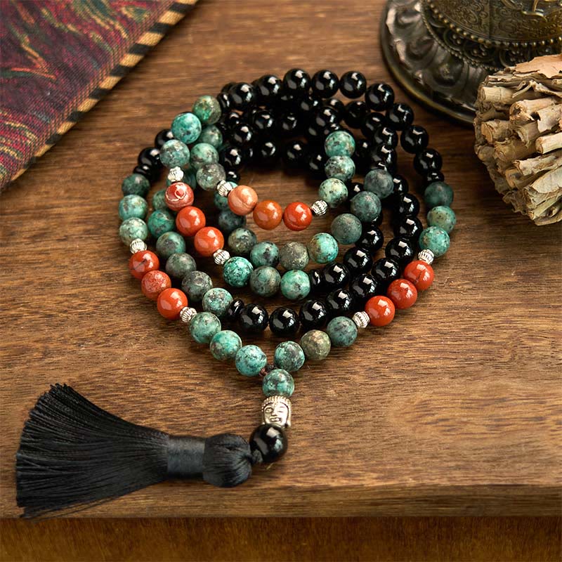 Buddha Stones 108 Mala, natürlicher schwarzer Onyx, roter Jaspis, Türkisperlen, Buddhakopf, Quaste, Schutzarmband - 8mm schwarze Onyx rote Jaspis Türkis Perle - image 0