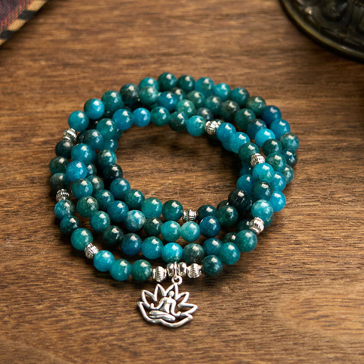Buddha Stones ​​108 Mala-Perlen Apatit-Perle Om Der Baum des Lebens Lotus-Armband - Apatit-Lotus - image 11