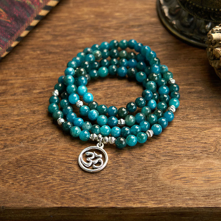 Buddha Stones ​​108 Mala-Perlen Apatit-Perle Om Der Baum des Lebens Lotus-Armband - Apatit-OM - image 0