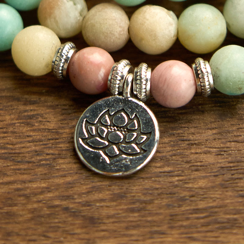 Buddha Stones 108 Mala Rhodonit Amazonit Perlen Lotus Mitgefühl Armband