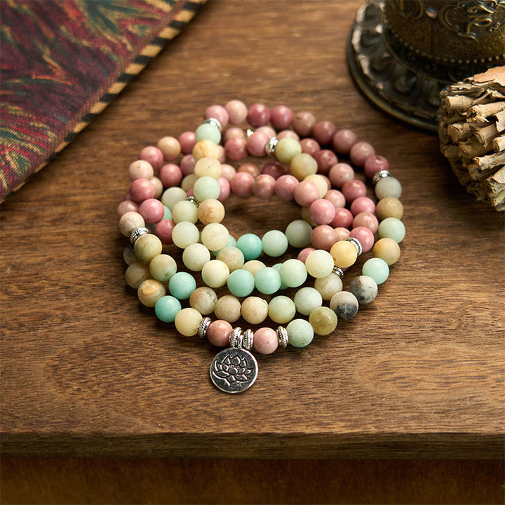 Buddha Stones 108 Mala Rhodonit Amazonit Perlen Lotus Mitgefühl Armband