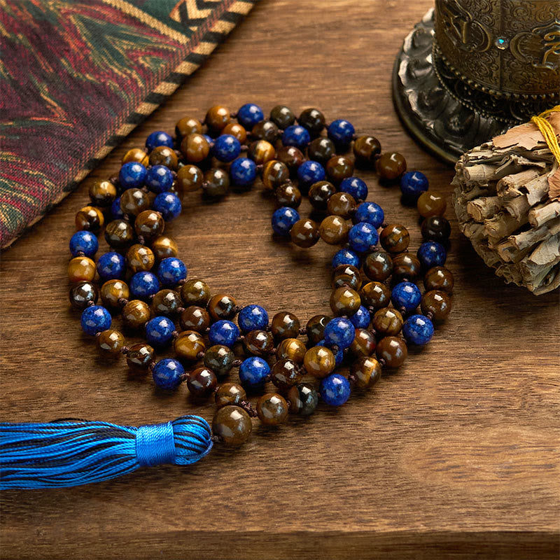 Buddha Stones ​​Mala-Armband mit 108 Perlen aus Naturstein (Tigerauge, Lapislazuli) - 8 mm Tigerauge-Lazuritperle - image 0