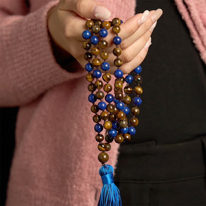 Buddha Stones ​​Mala-Armband mit 108 Perlen aus Naturstein (Tigerauge, Lapislazuli) - image 3