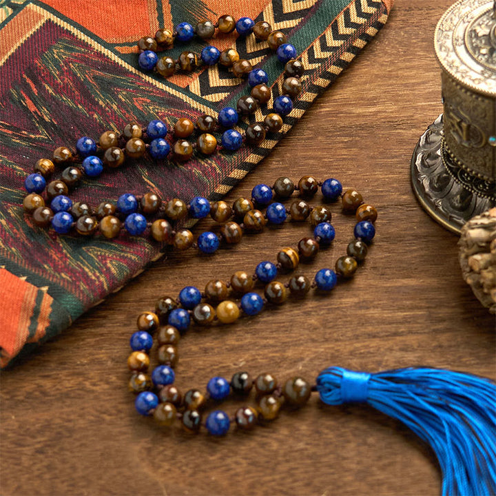 Buddha Stones ​​Mala-Armband mit 108 Perlen aus Naturstein (Tigerauge, Lapislazuli) - image 2