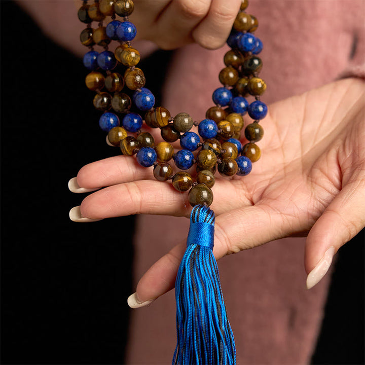 Buddha Stones ​​Mala-Armband mit 108 Perlen aus Naturstein (Tigerauge, Lapislazuli) - image 4