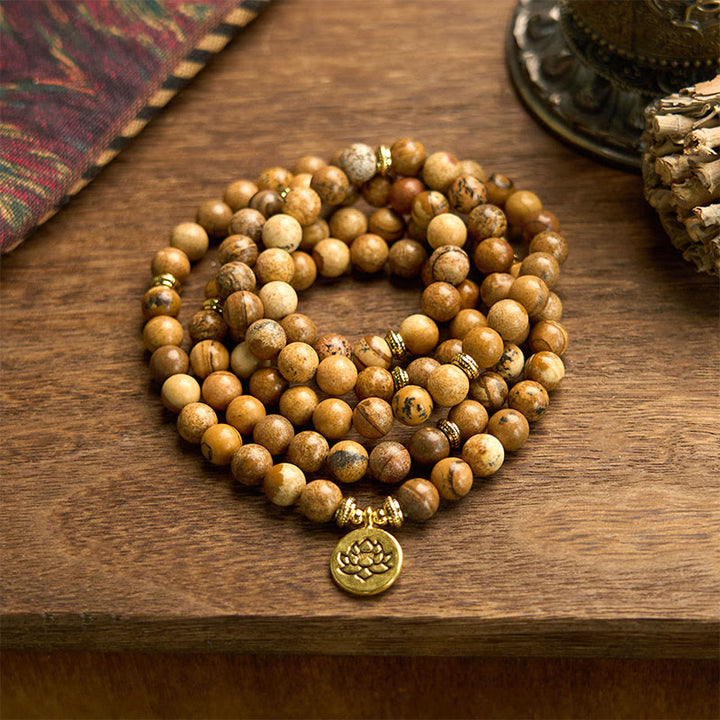 Buddha Stones 108 Perlen Bild Jaspis Mala Lotus Mut Armband