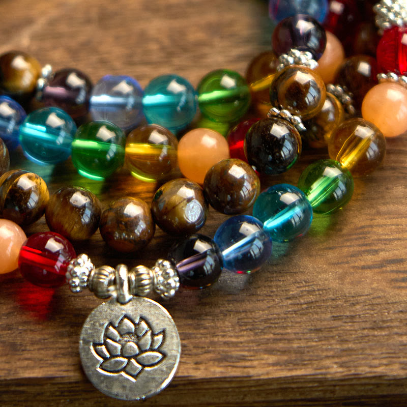 Buddha Stones 108 Mala-Perlen Naturstein Tigerauge Farbige Perlen Lotus Schutzarmband