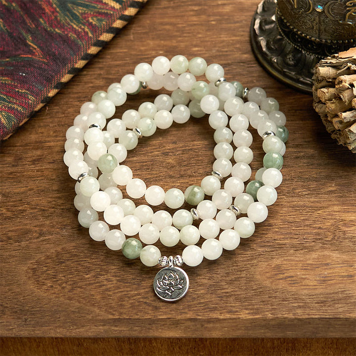 Buddha Stones 108 Mala-Perlen aus natürlichem Tianshan-Jade-Lotus-Glücksarmband