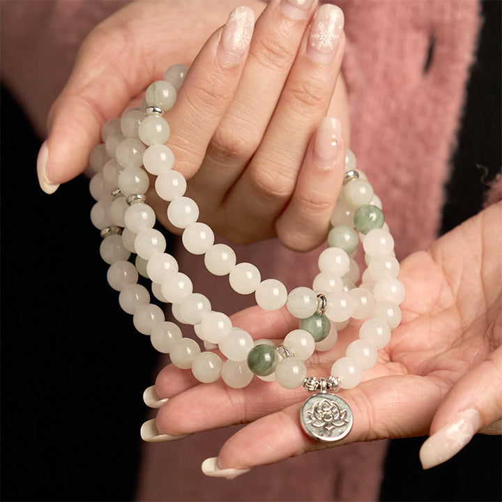 Buddha Stones 108 Mala-Perlen aus natürlichem Tianshan-Jade-Lotus-Glücksarmband