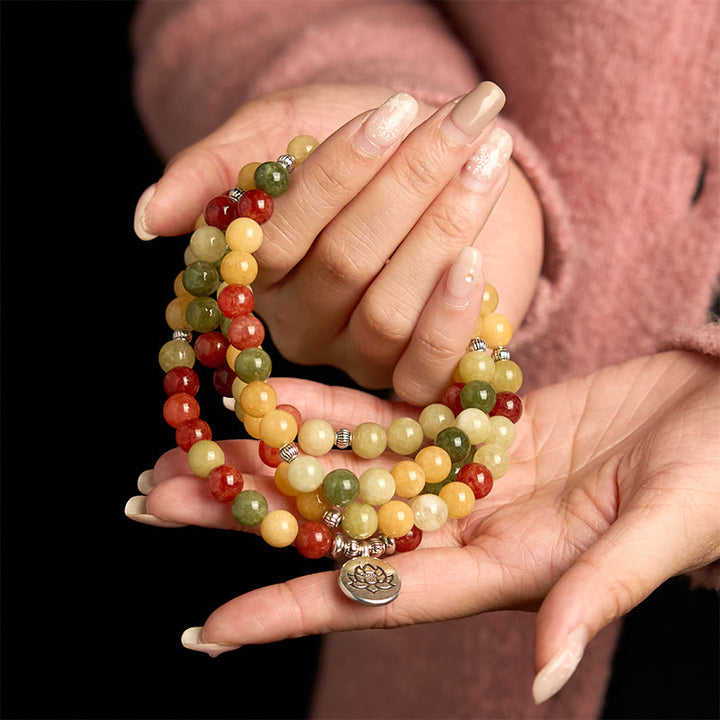 Buddha Stones 108 Mala-Perlen Naturfarbener Stein Topas Roter Jaspis Grüner Jaspis Lotus Schutzarmband