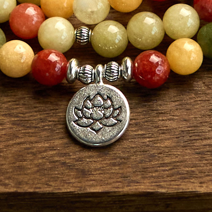 Buddha Stones 108 Mala-Perlen Naturfarbener Stein Topas Roter Jaspis Grüner Jaspis Lotus Schutzarmband