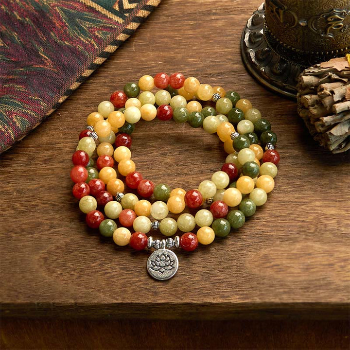 Buddha Stones 108 Mala-Perlen Naturfarbener Stein Topas Roter Jaspis Grüner Jaspis Lotus Schutzarmband