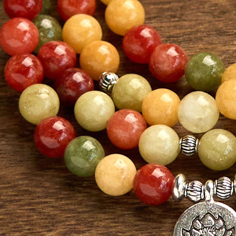 Buddha Stones 108 Mala-Perlen Naturfarbener Stein Topas Roter Jaspis Grüner Jaspis Lotus Schutzarmband