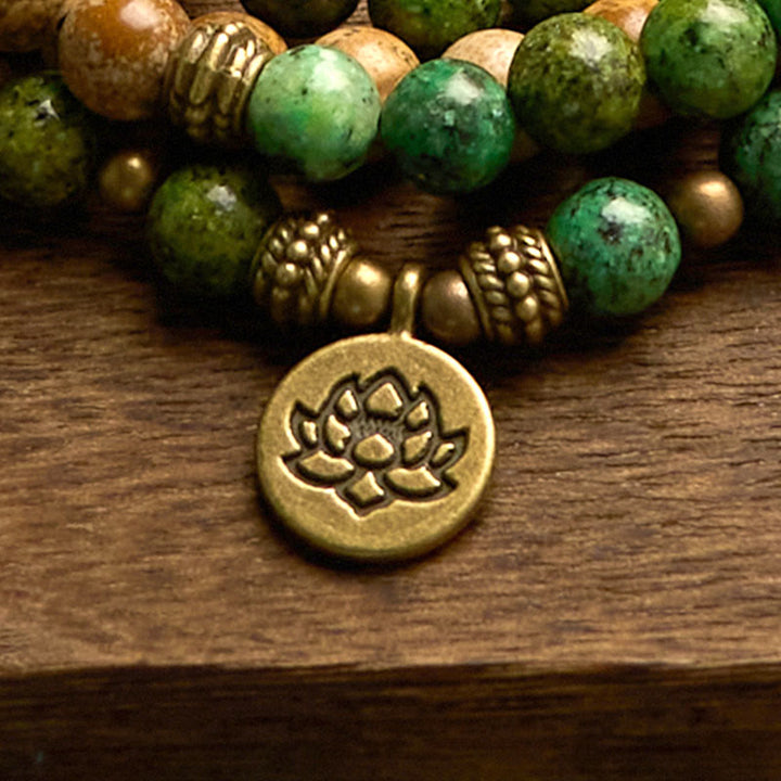 Buddha Stones 108 Mala Perlen Naturstein Bild Jaspis Türkis Lotus Positive Armband