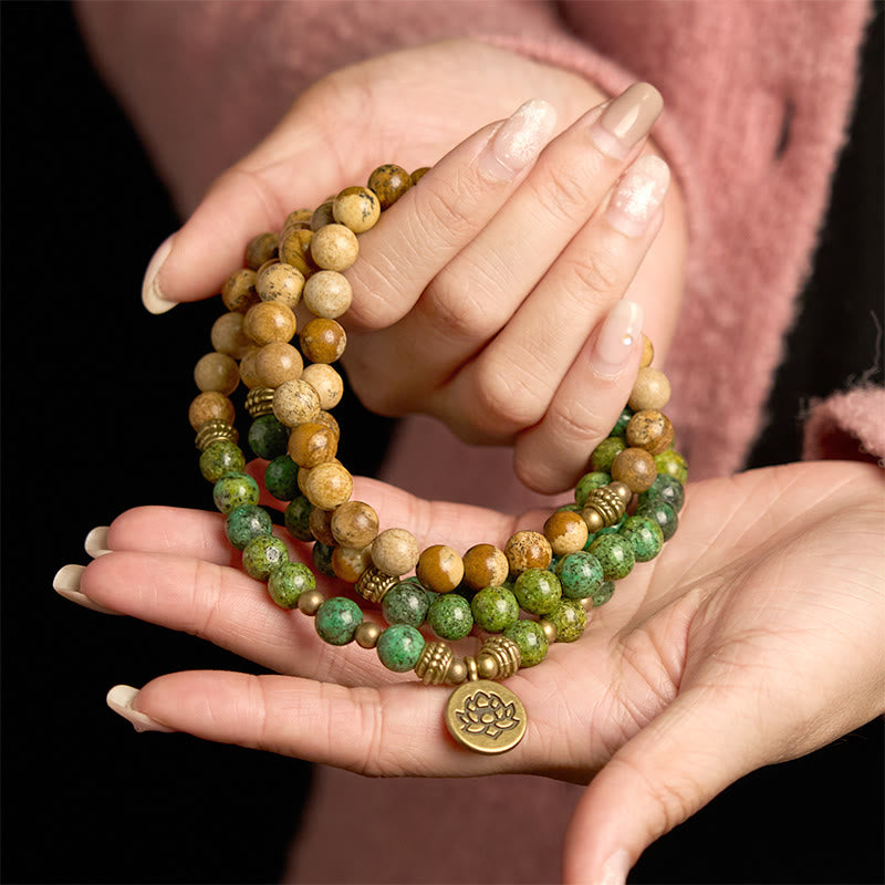 Buddha Stones 108 Mala Perlen Naturstein Bild Jaspis Türkis Lotus Positive Armband