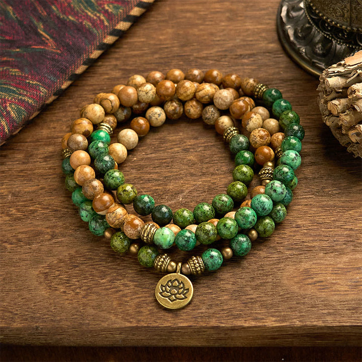 Buddha Stones 108 Mala Perlen Naturstein Bild Jaspis Türkis Lotus Positive Armband