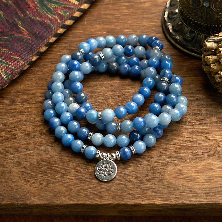 Buddha Stones 108 Mala-Perlen, mehrschichtiges, natürliches, blaues Aventurin-Lotus-Ruhearmband