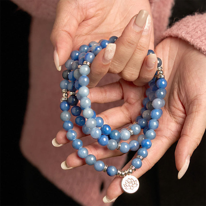 Buddha Stones 108 Mala-Perlen, mehrschichtiges, natürliches, blaues Aventurin-Lotus-Ruhearmband - image 4